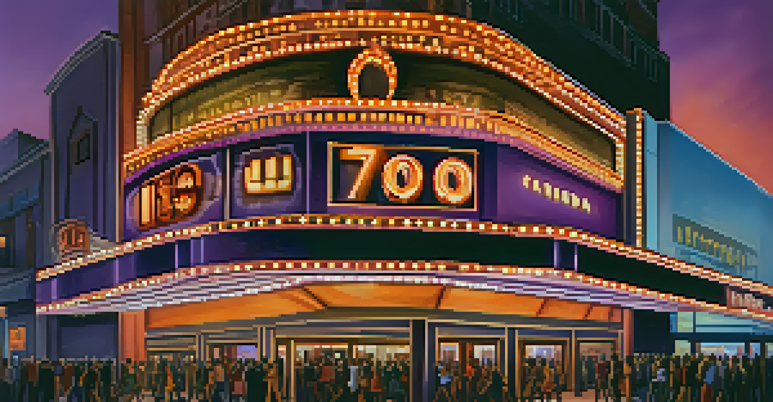 A cinema marquee brightly lit with a new Brazilian film release, surrounded by excited moviegoers at dusk.