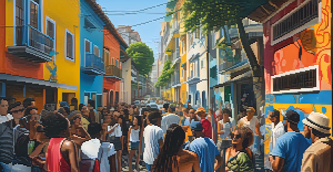 A lively street scene in Vila Madalena, São Paulo, with colorful murals and artists painting together, surrounded by engaged locals under bright sunlight.