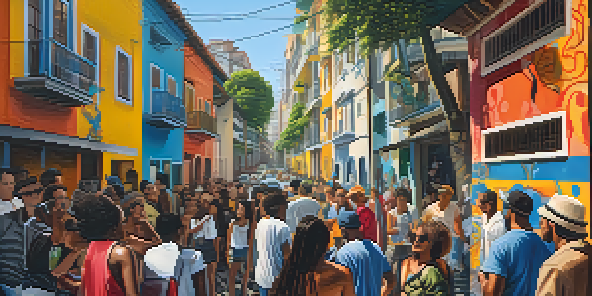 A lively street scene in Vila Madalena, São Paulo, with colorful murals and artists painting together, surrounded by engaged locals under bright sunlight.