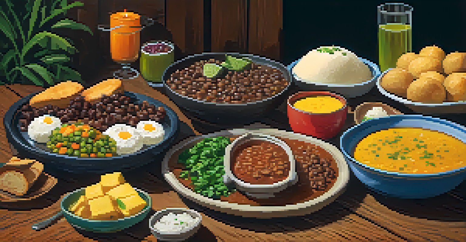 A table set with traditional Brazilian dishes, including feijoada and pão de queijo, surrounded by warm candlelight, creating a festive atmosphere.