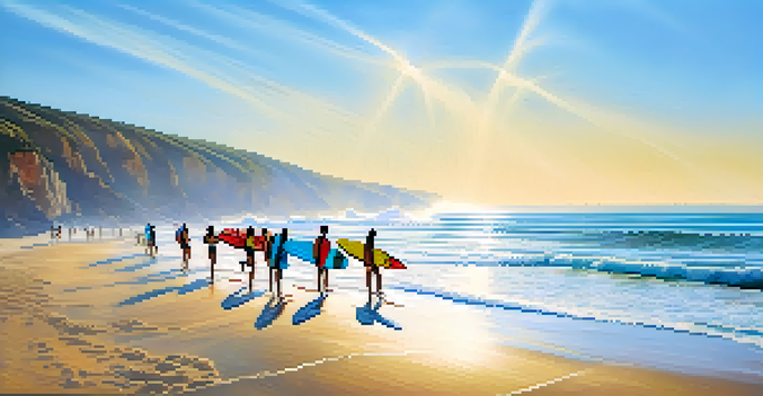 Surfers catching waves at Praia do Norte in Ericeira, Brazil, with colorful surfboards and a beautiful beach setting.