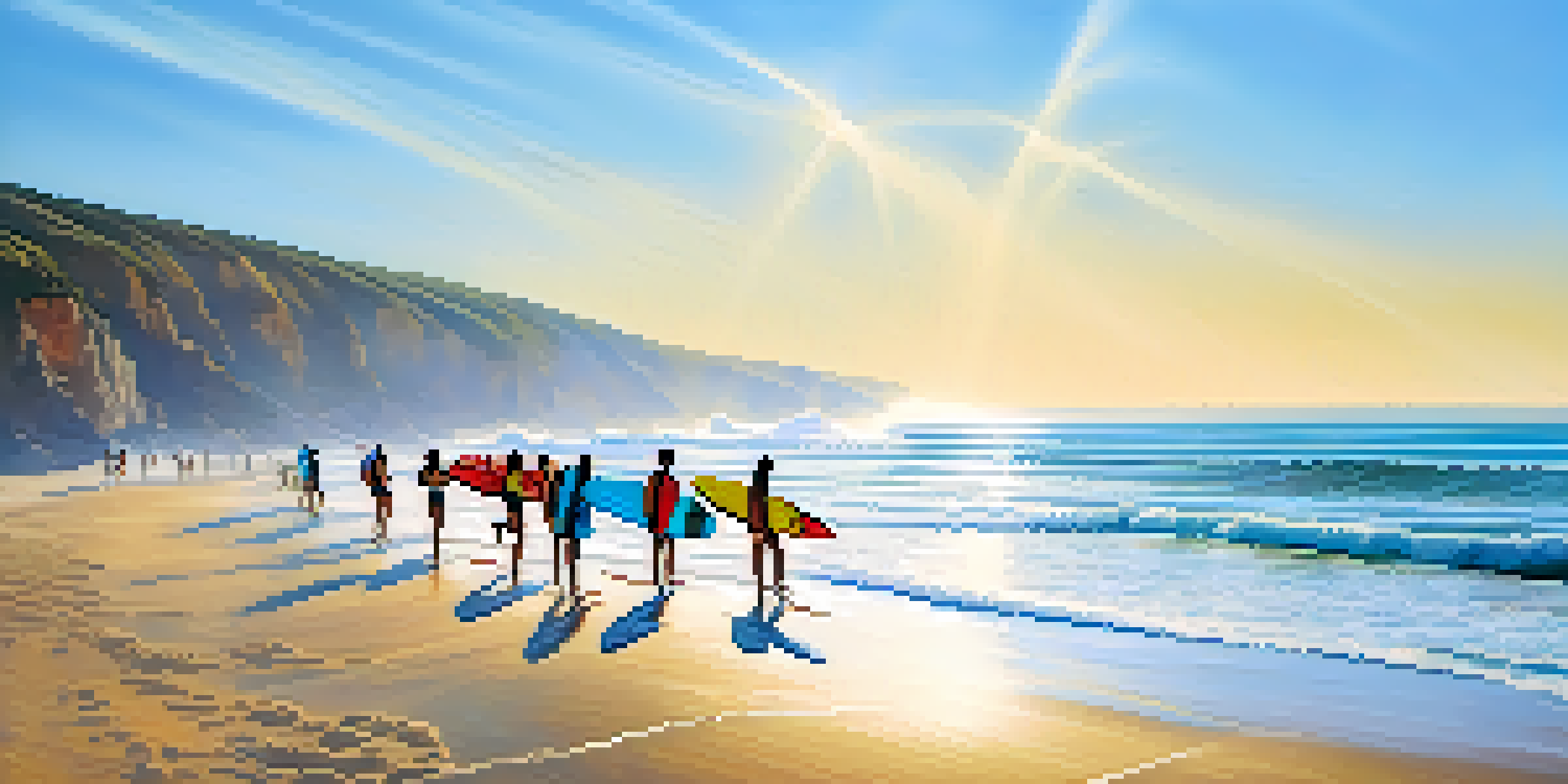 Surfers catching waves at Praia do Norte in Ericeira, Brazil, with colorful surfboards and a beautiful beach setting.