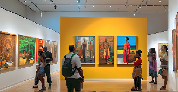 A bustling art gallery filled with diverse visitors admiring colorful artwork, embodying Brazil's cultural heritage.