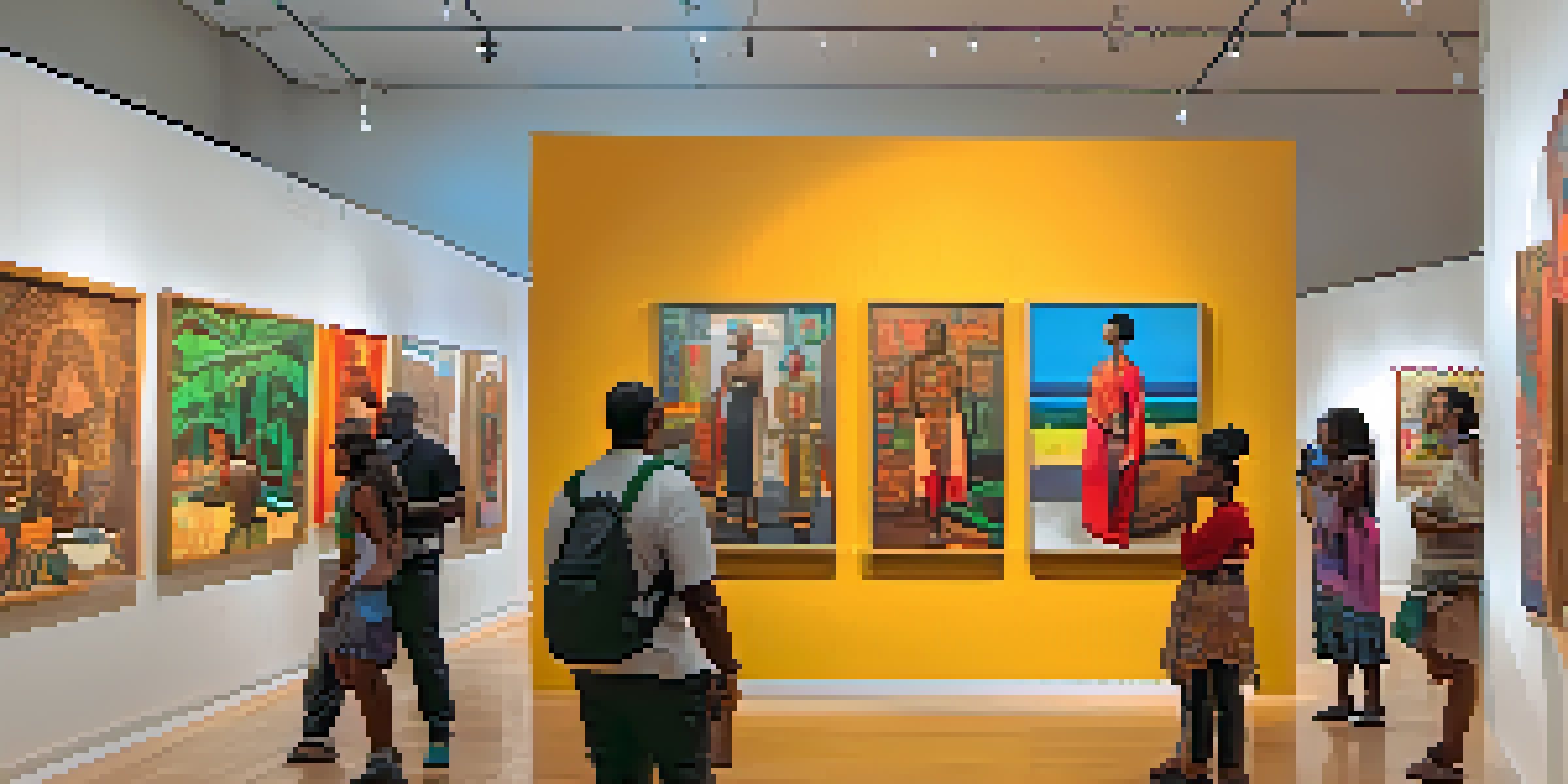 A bustling art gallery filled with diverse visitors admiring colorful artwork, embodying Brazil's cultural heritage.