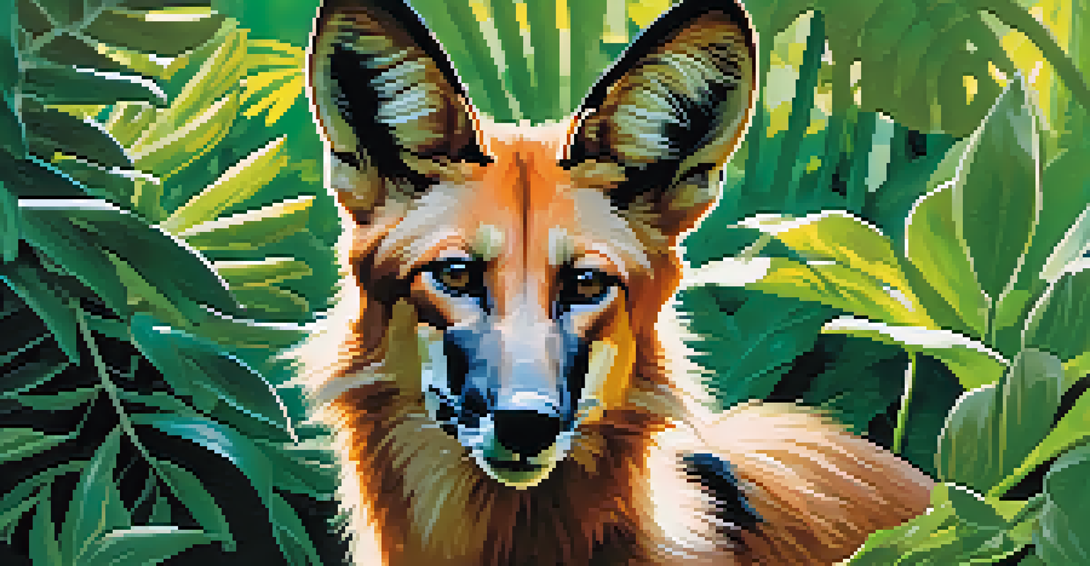 A curious maned wolf peeking from behind tropical foliage in the zoo.