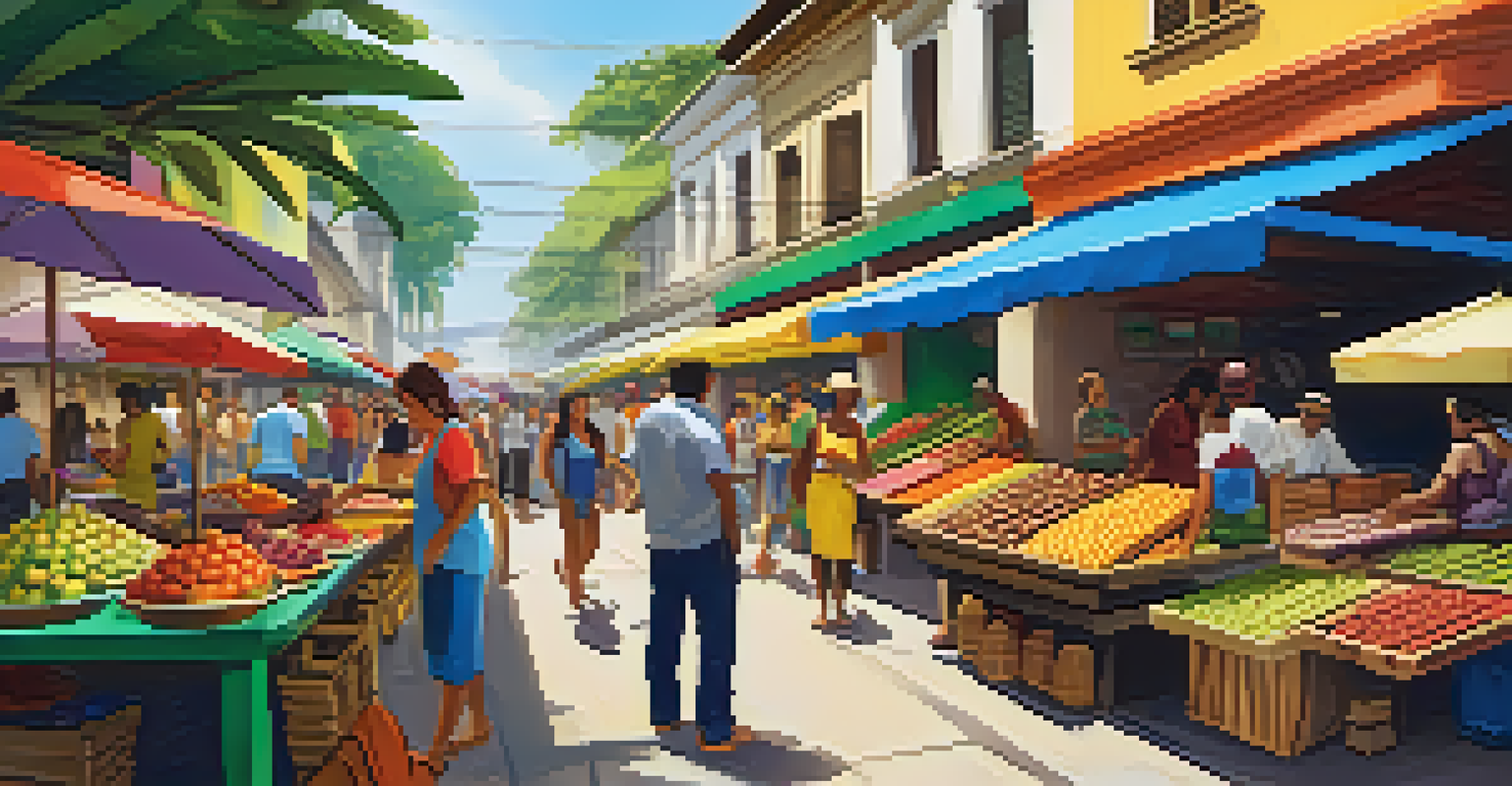 A bustling outdoor market in Brazil filled with fresh tropical fruits and colorful healthy dishes, showcasing the local culinary scene.