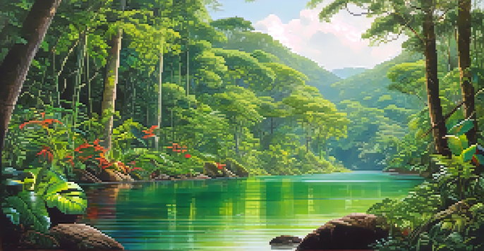 A peaceful rainforest scene with green leaves, sunlight, a gentle river, and colorful birds.