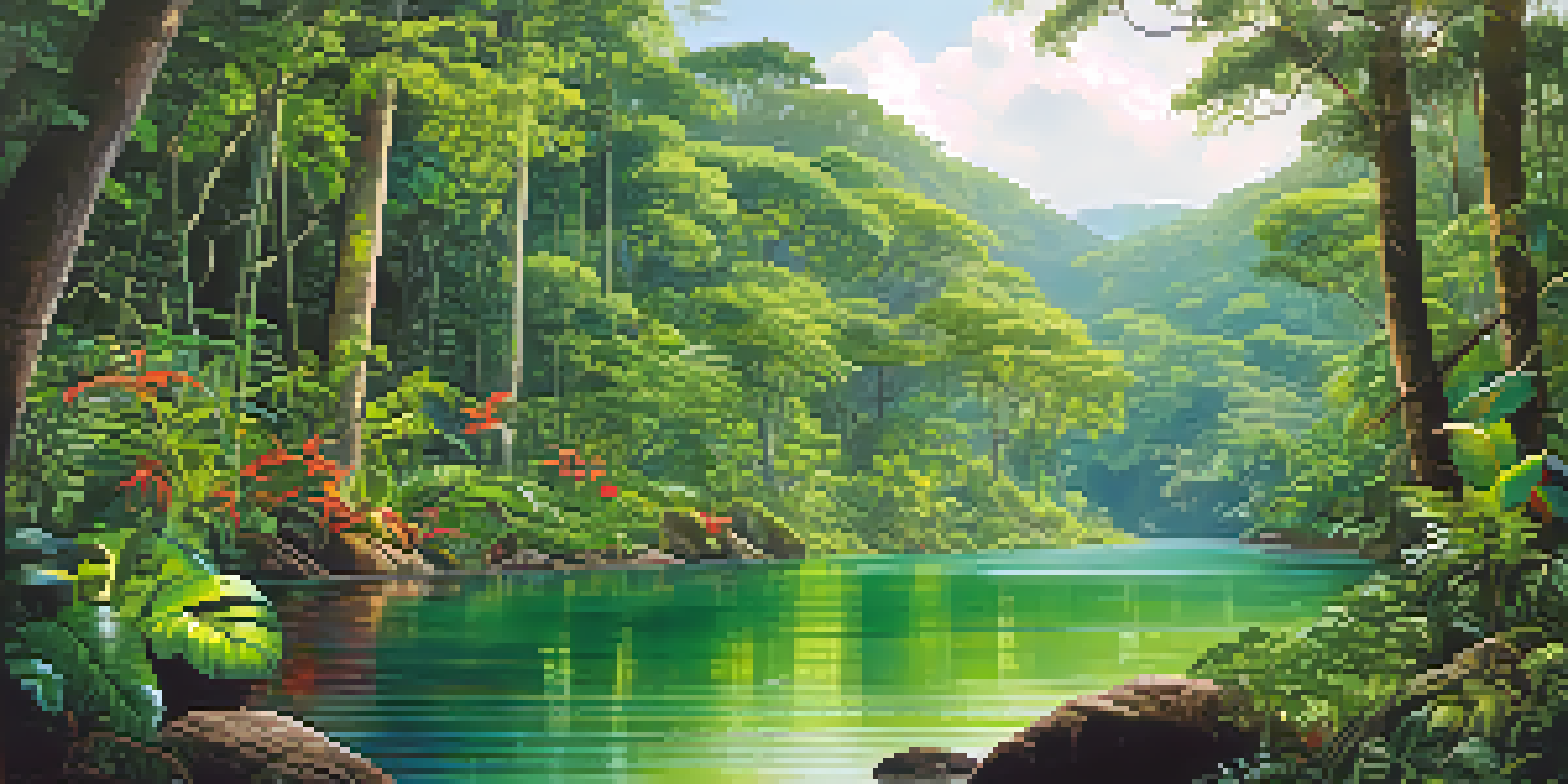 A peaceful rainforest scene with green leaves, sunlight, a gentle river, and colorful birds.