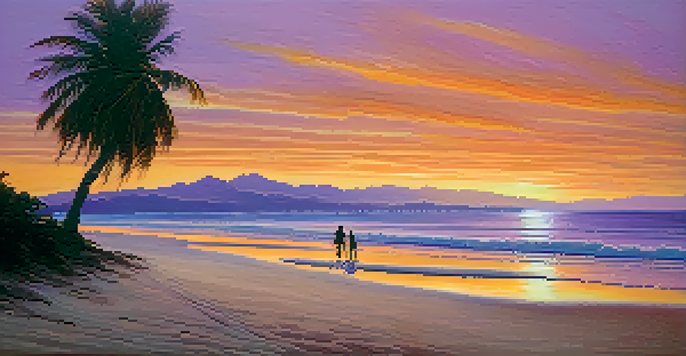 A couple walking along a sandy beach at sunset, with palm trees and mountains in the background.