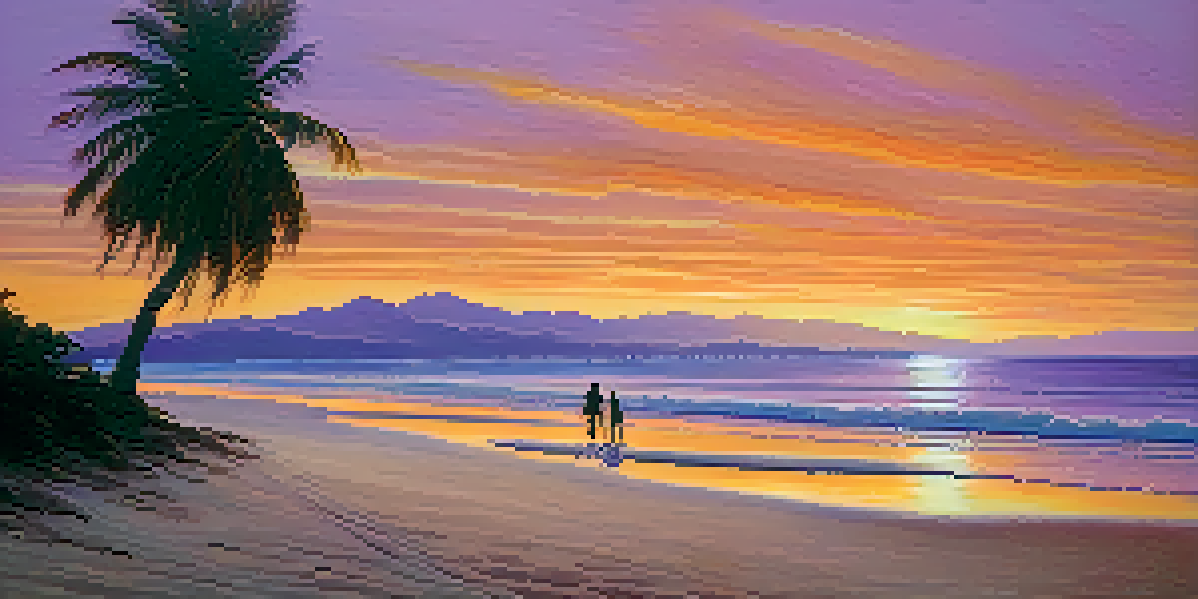 A couple walking along a sandy beach at sunset, with palm trees and mountains in the background.