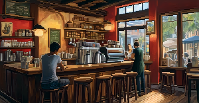 Interior of a Brazilian coffee shop with rustic furniture and warm lighting, featuring a barista preparing coffee.