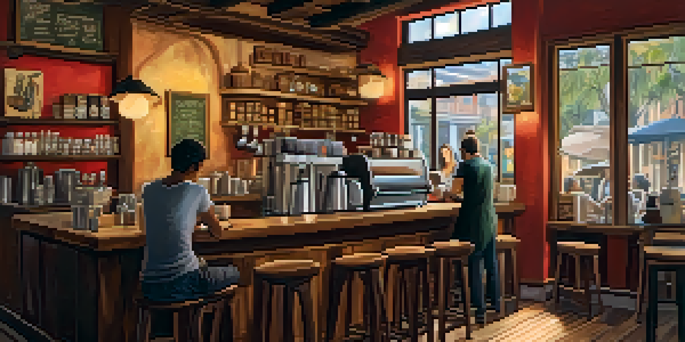 Interior of a Brazilian coffee shop with rustic furniture and warm lighting, featuring a barista preparing coffee.