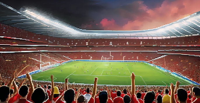 A lively football match at Morumbi Stadium in São Paulo, with enthusiastic fans in team jerseys, flags waving, and bright lights illuminating the stadium.