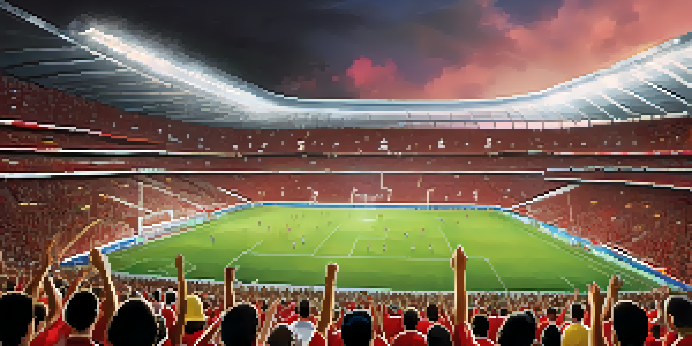 A lively football match at Morumbi Stadium in São Paulo, with enthusiastic fans in team jerseys, flags waving, and bright lights illuminating the stadium.