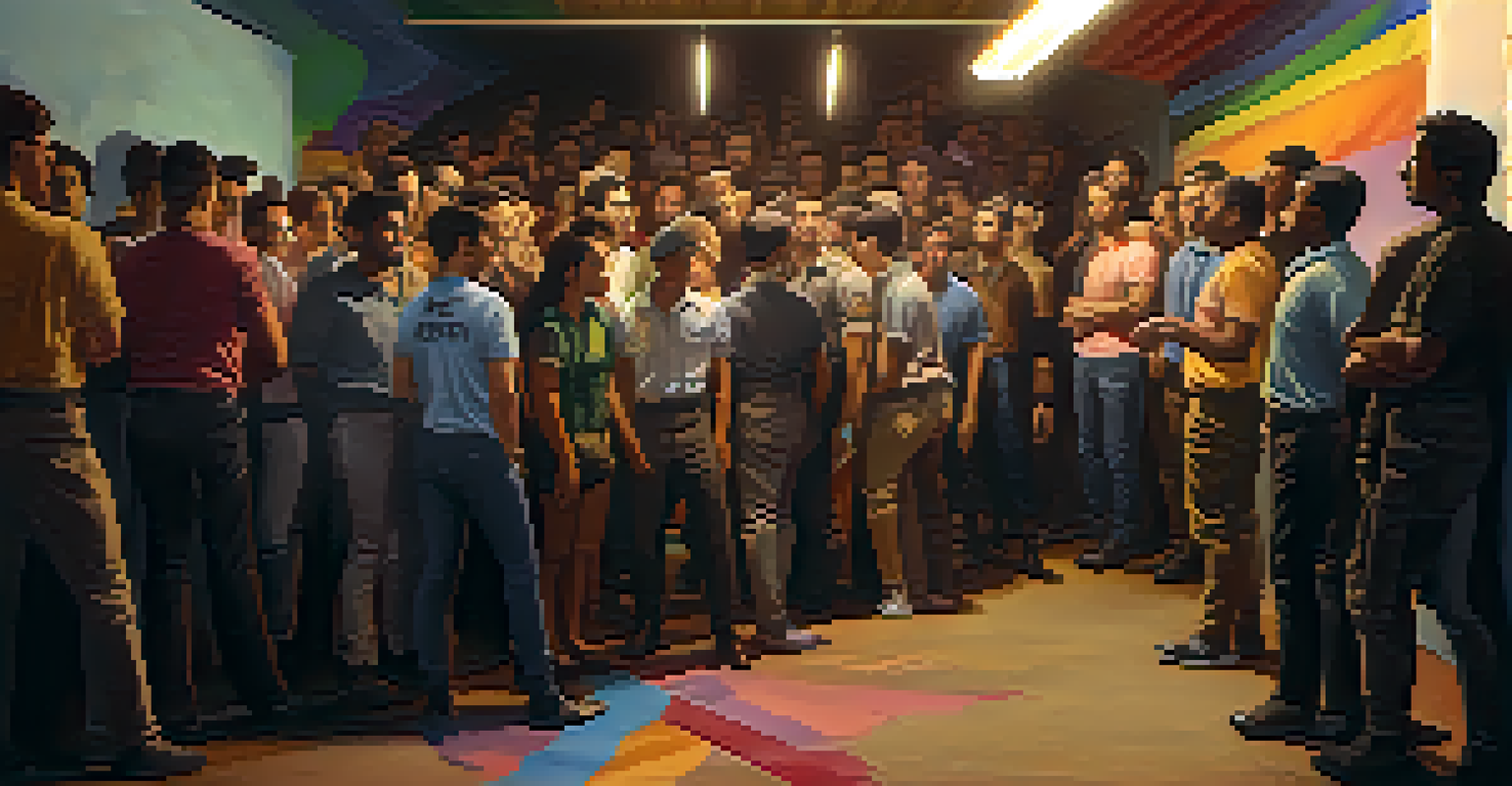 Activists meeting in an underground space during Brazil's dictatorship, surrounded by advocacy posters, showcasing a sense of determination and solidarity.