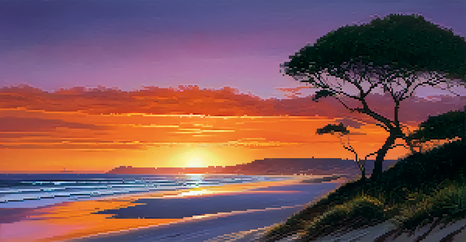 A stunning sunset over the sand dunes in Natal, featuring Morro do Careca dune and people enjoying the beach, with vibrant colors in the sky.