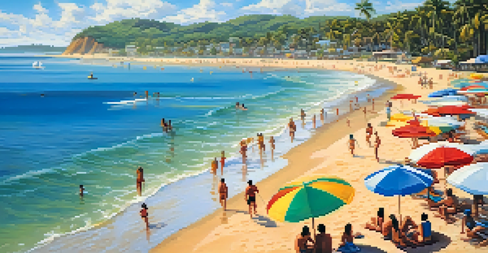 A lively beach in Bahia, Brazil with people sunbathing, surfing, and palm trees under a clear blue sky.