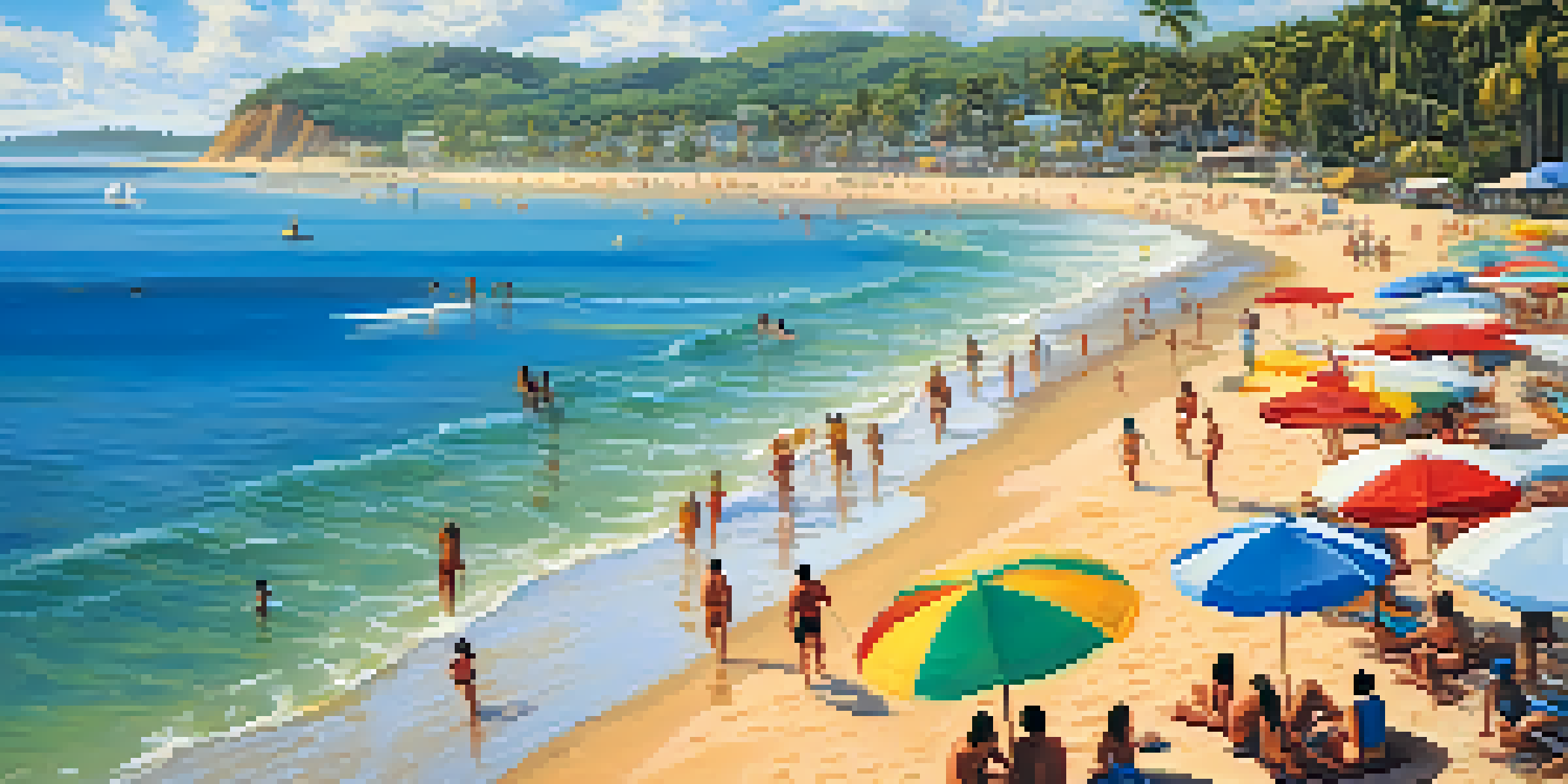 A lively beach in Bahia, Brazil with people sunbathing, surfing, and palm trees under a clear blue sky.