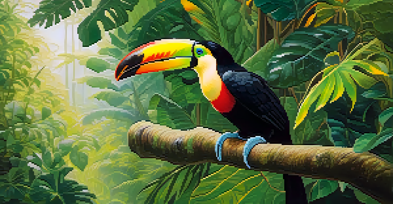 A toucan on a branch, showcasing its bright beak amidst lush green leaves and other birds in the background.