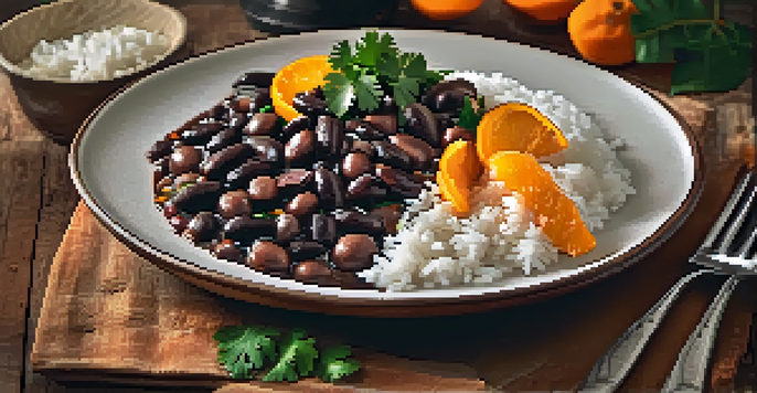 An inviting plate of feijoada with black bean stew, orange slices, white rice, and farofa on a wooden table, illuminated by warm light.