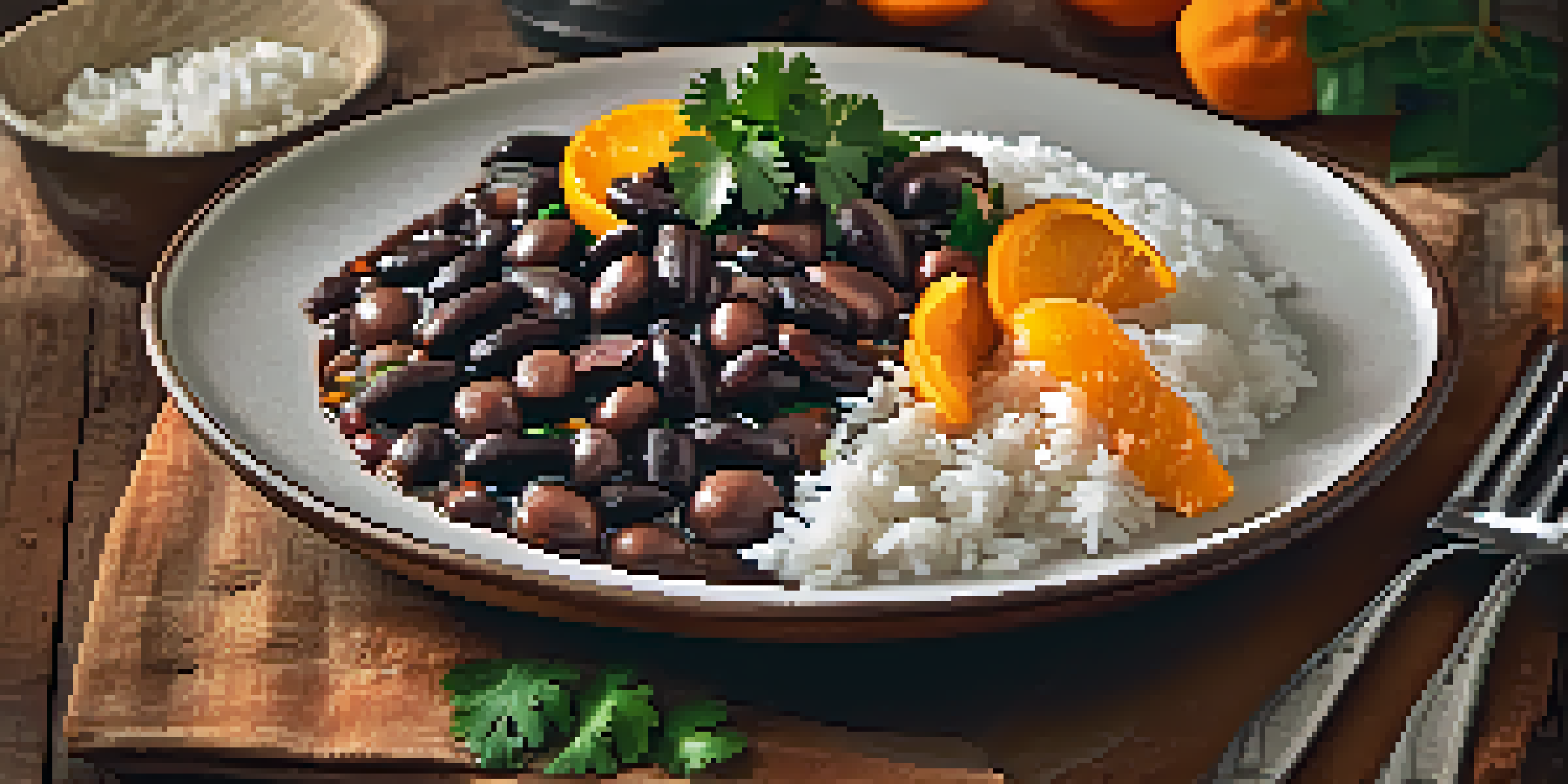 An inviting plate of feijoada with black bean stew, orange slices, white rice, and farofa on a wooden table, illuminated by warm light.