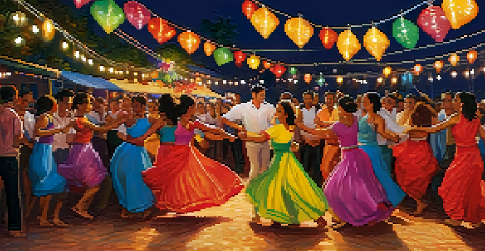 A lively festival scene with couples dancing Forró, surrounded by colorful decorations and an enthusiastic crowd.