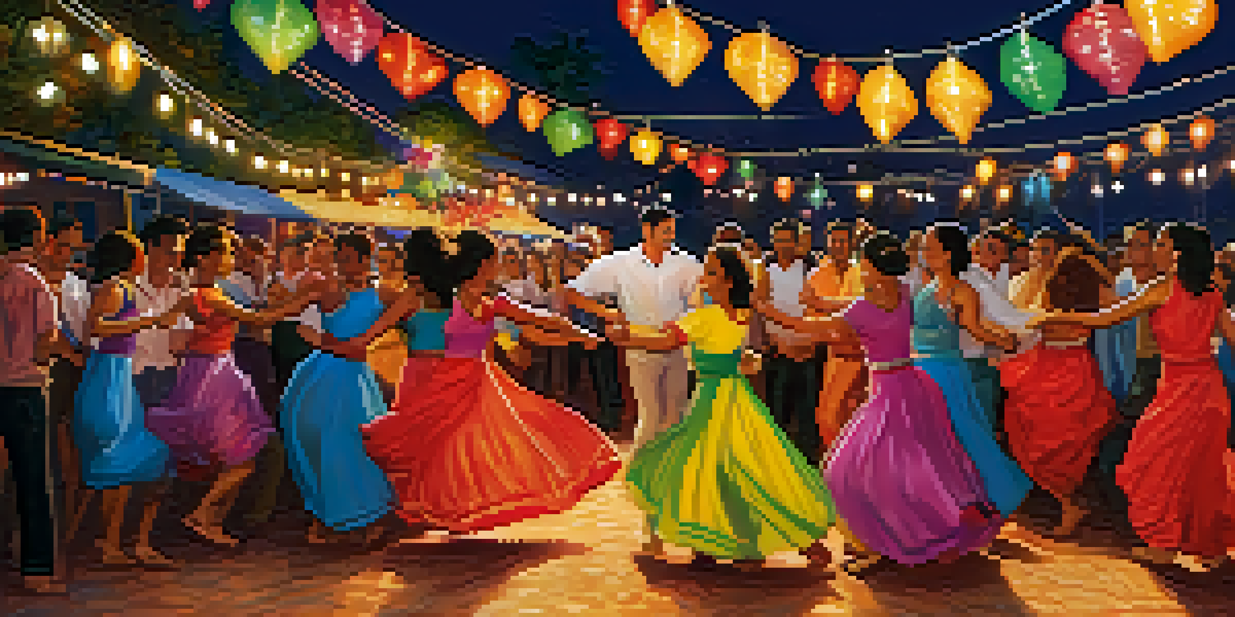 A lively festival scene with couples dancing Forró, surrounded by colorful decorations and an enthusiastic crowd.