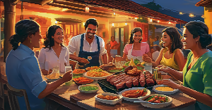 A lively outdoor barbecue scene featuring a traditional Brazilian grill with sizzling meats, surrounded by friends and family enjoying the gathering, with colorful side dishes on a table.