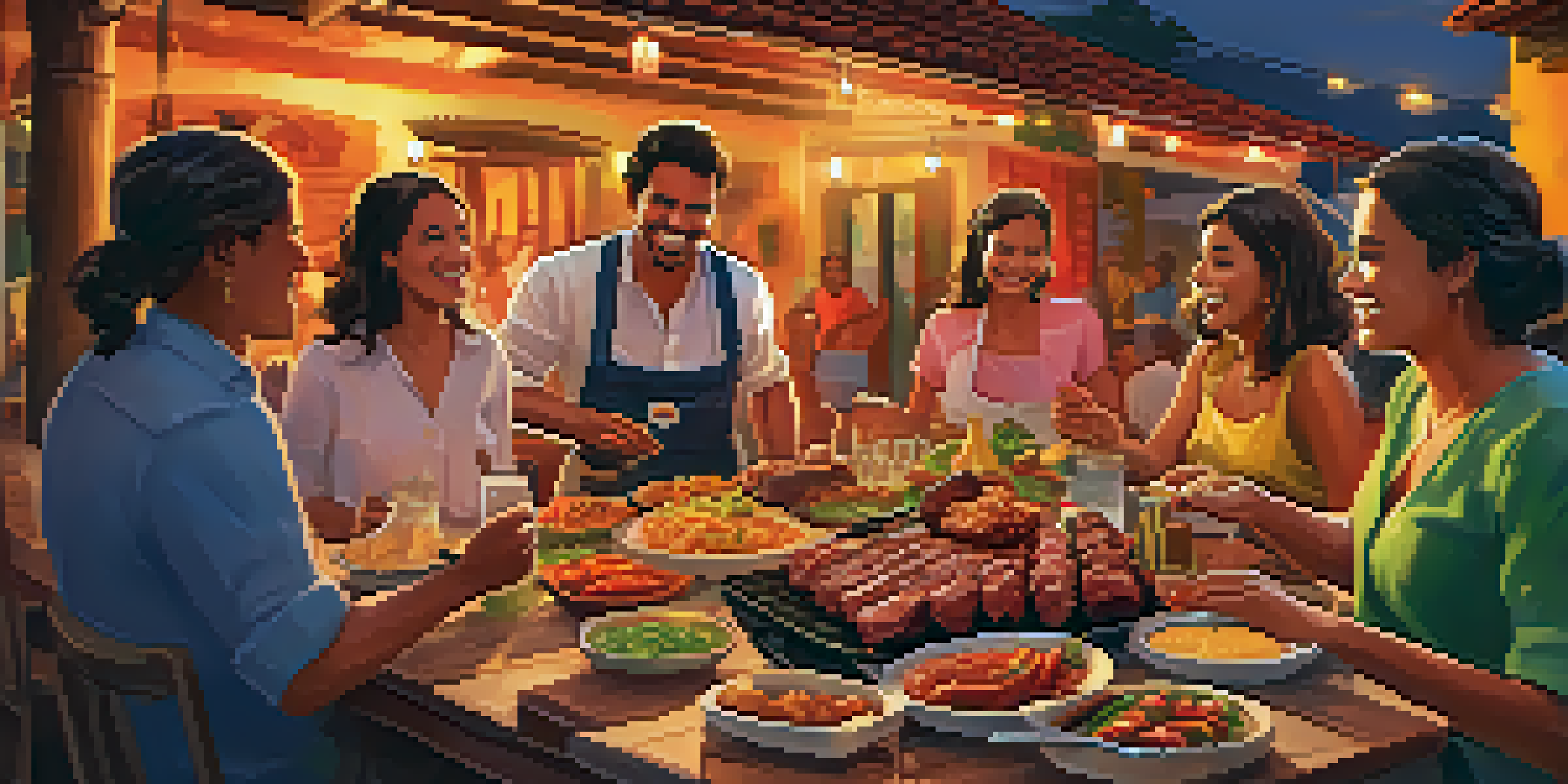A lively outdoor barbecue scene featuring a traditional Brazilian grill with sizzling meats, surrounded by friends and family enjoying the gathering, with colorful side dishes on a table.
