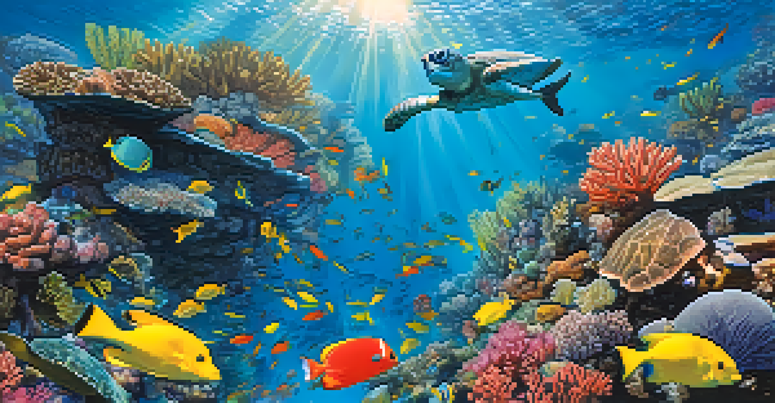Underwater view of a colorful coral reef in Brazil with fish and a sea turtle swimming amidst the corals.