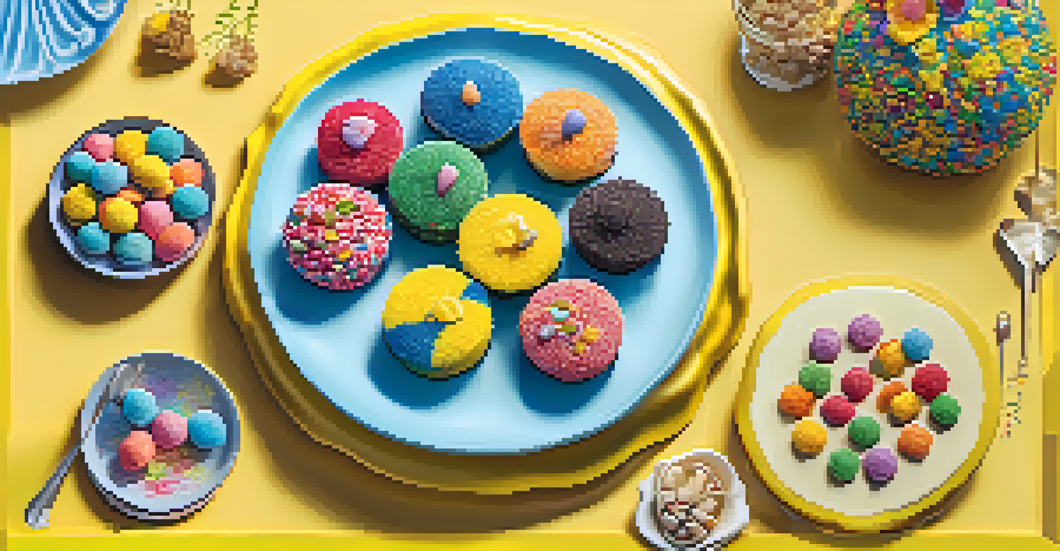 A decorative platter of Brazilian desserts including brigadeiros and quindims, featuring vibrant colors and a festive atmosphere.