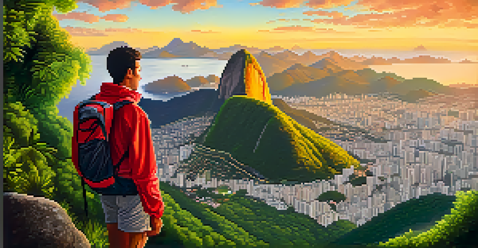 A hiker at the summit of Pico da Tijuca, overlooking Rio de Janeiro with vibrant greenery and a cityscape in golden hour light.