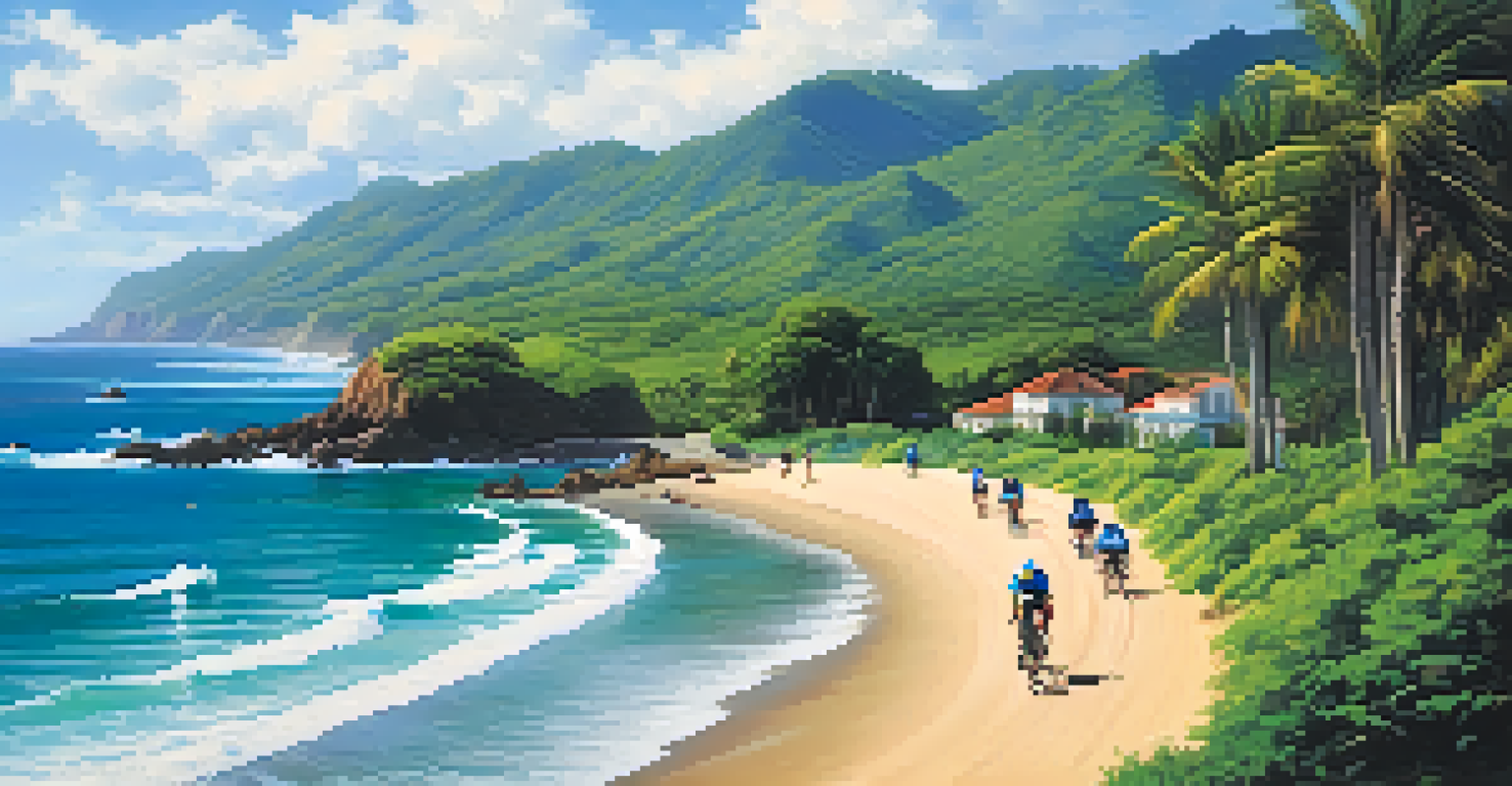 Cyclists riding along a coastal route with the ocean and palm trees in the background.