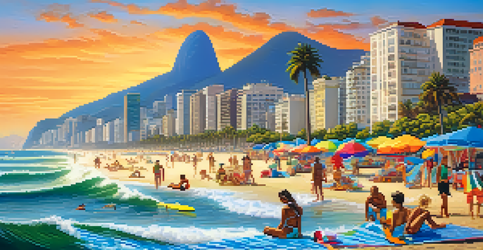 A lively beach scene at Copacabana in Rio de Janeiro, showcasing sunbathers, surfers, and palm trees under a clear blue sky.