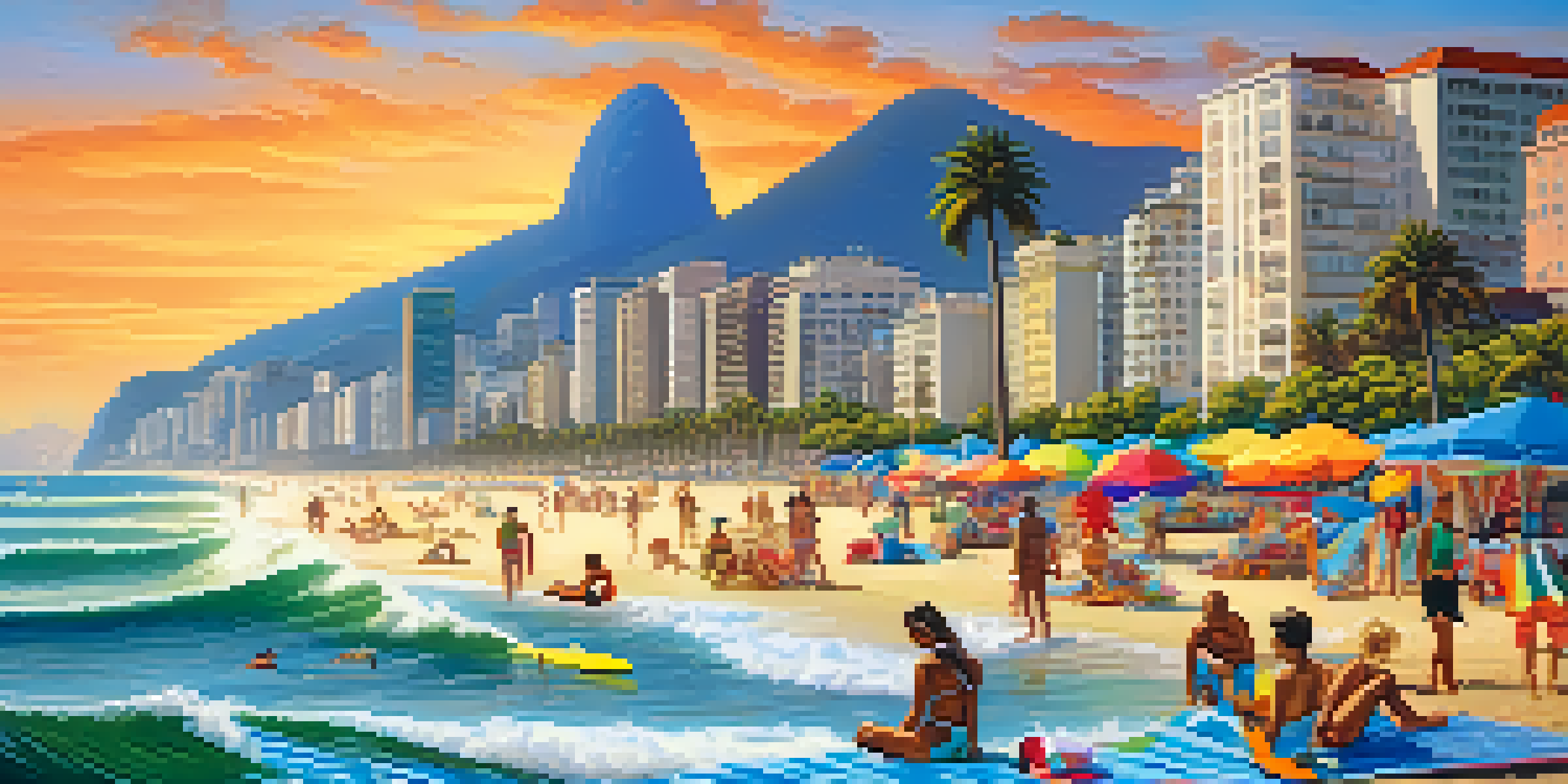 A lively beach scene at Copacabana in Rio de Janeiro, showcasing sunbathers, surfers, and palm trees under a clear blue sky.