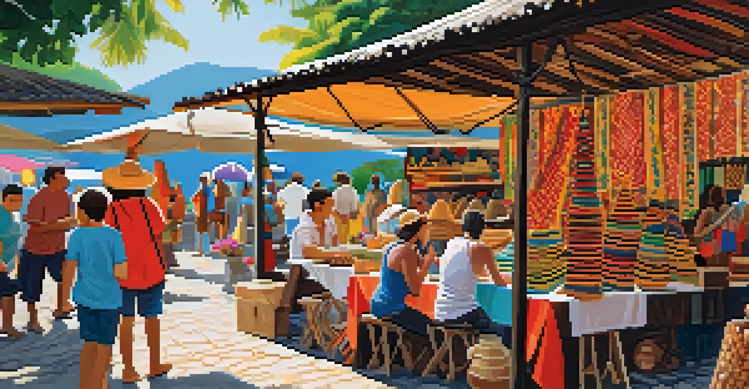 An outdoor artisan market in Paraty with stalls of handmade crafts and textiles, artisans interacting with visitors.