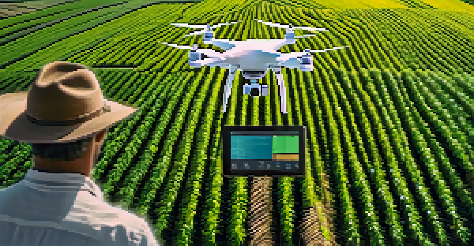A farmer using a drone to monitor crops at an agricultural fair in Brazil, with a digital display showing crop data.