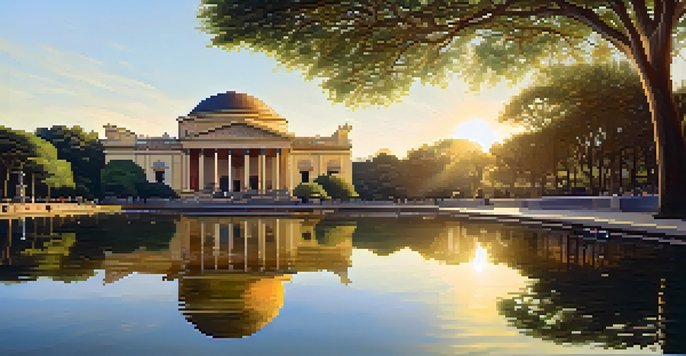 A serene park landscape with lush greenery and the Museu Paulista bathed in golden sunlight during sunset.