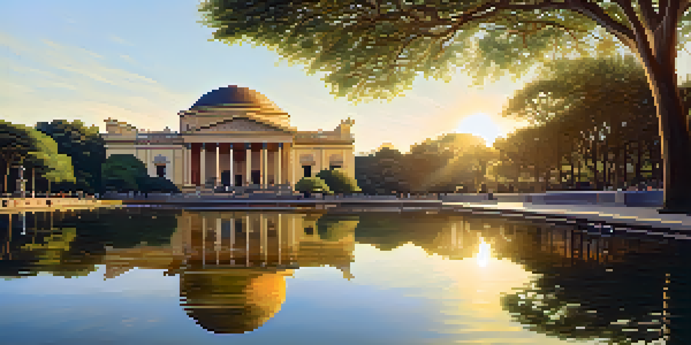A serene park landscape with lush greenery and the Museu Paulista bathed in golden sunlight during sunset.