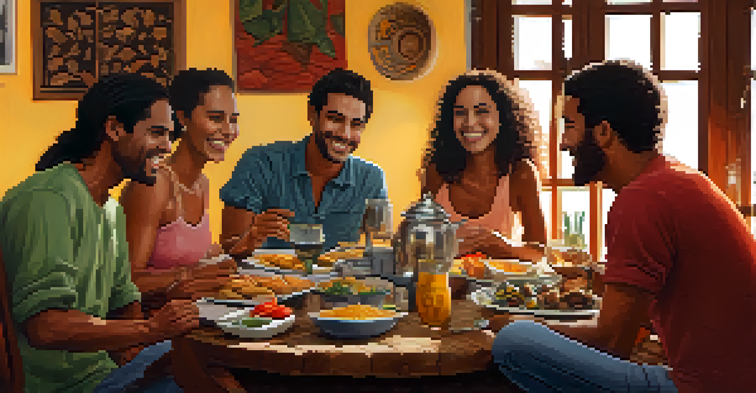 A cozy indoor scene of friends gathered in a Brazilian home, enjoying traditional dishes and sharing stories in a warm and inviting atmosphere.