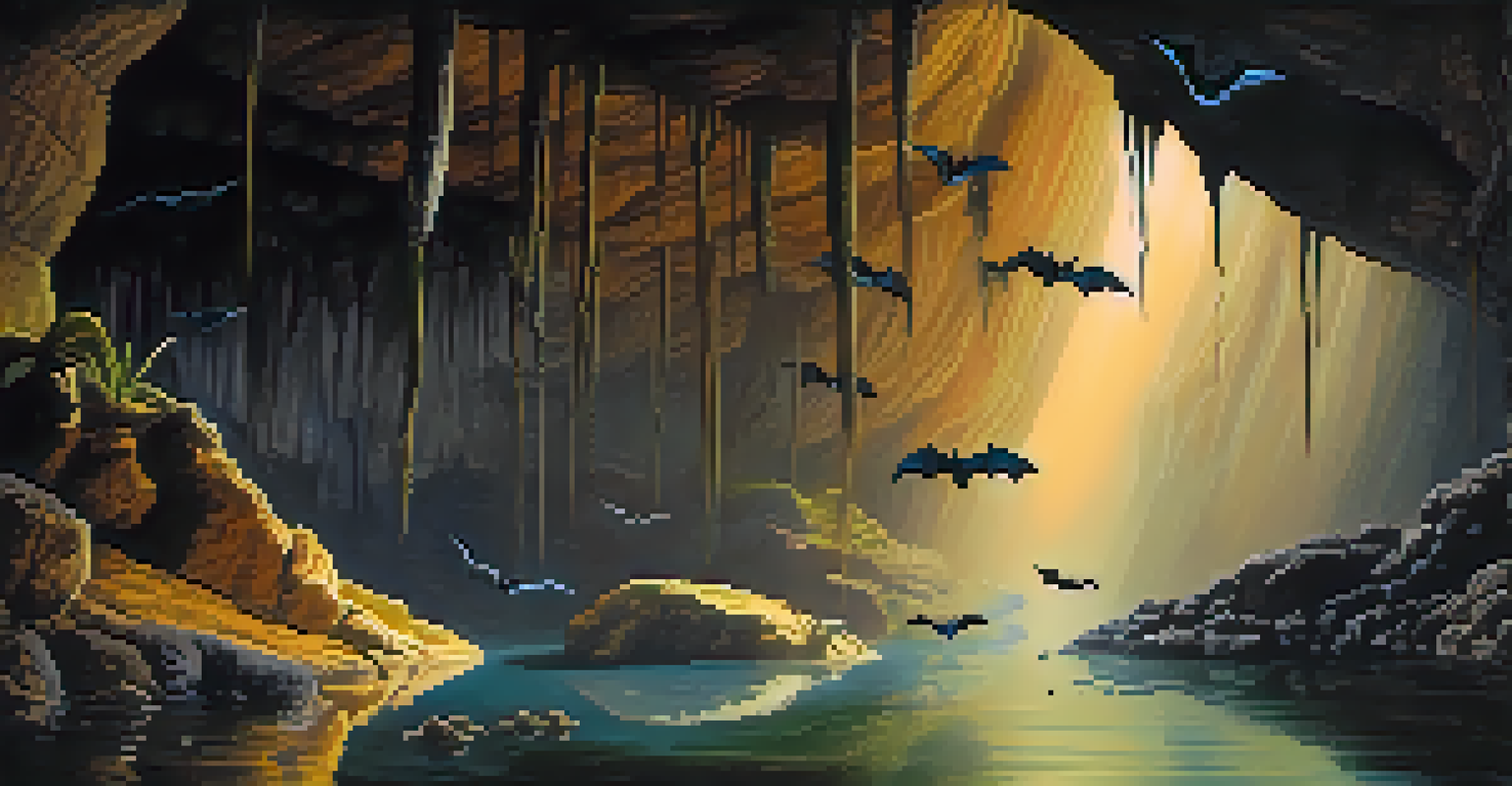 Close-up of a unique cave ecosystem in Brazil, featuring bats on rocky ledges and an underground river with visible aquatic life.
