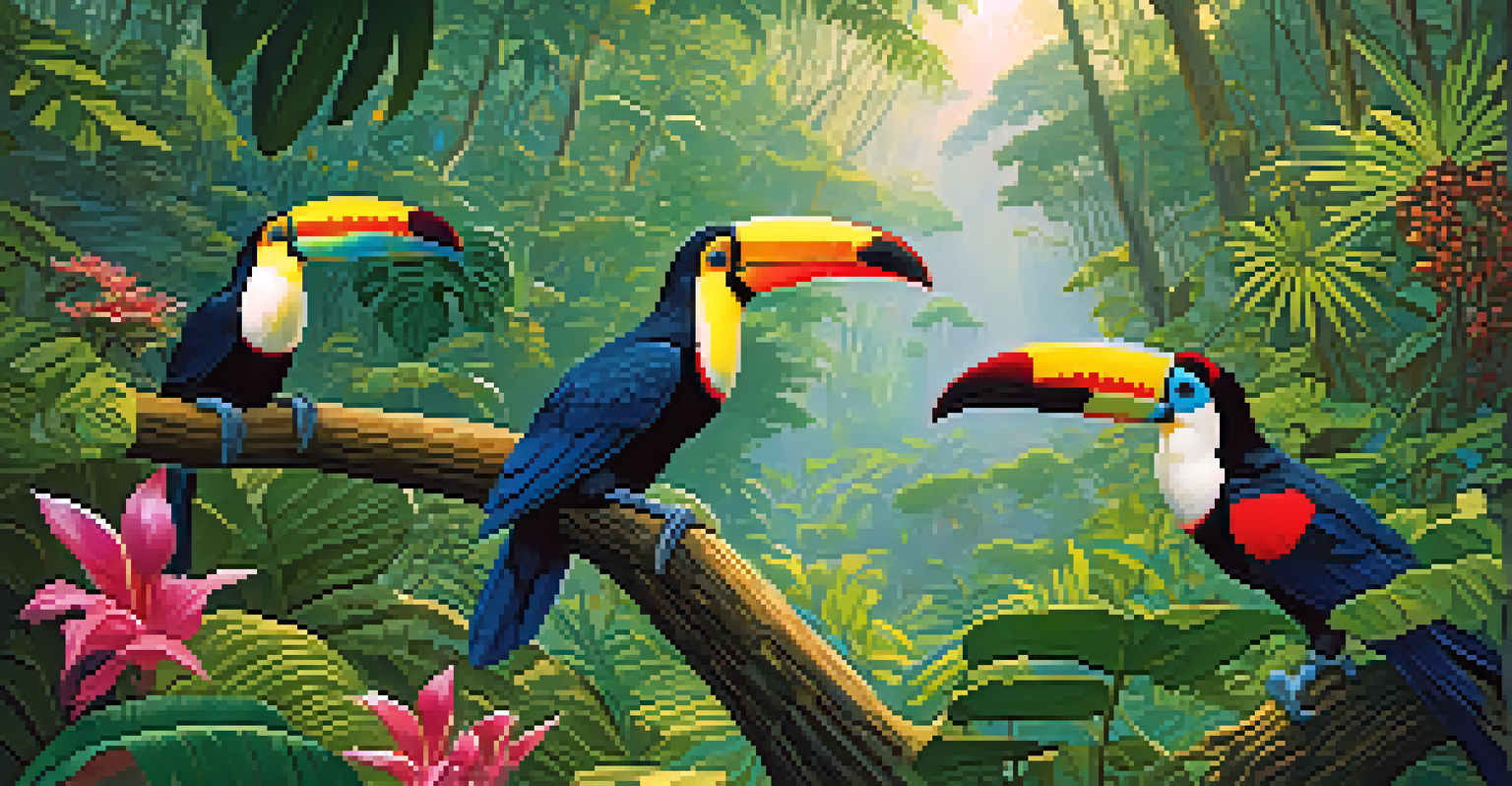 A colorful Amazon rainforest with toucans on branches and sunlight filtering through the trees.