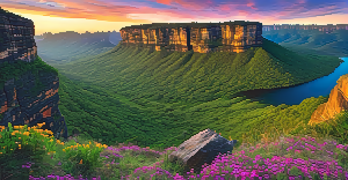 A stunning sunset view of Morro do Pai Inácio with towering cliffs and lush green valleys filled with wildflowers, under a sky painted in orange and pink hues.