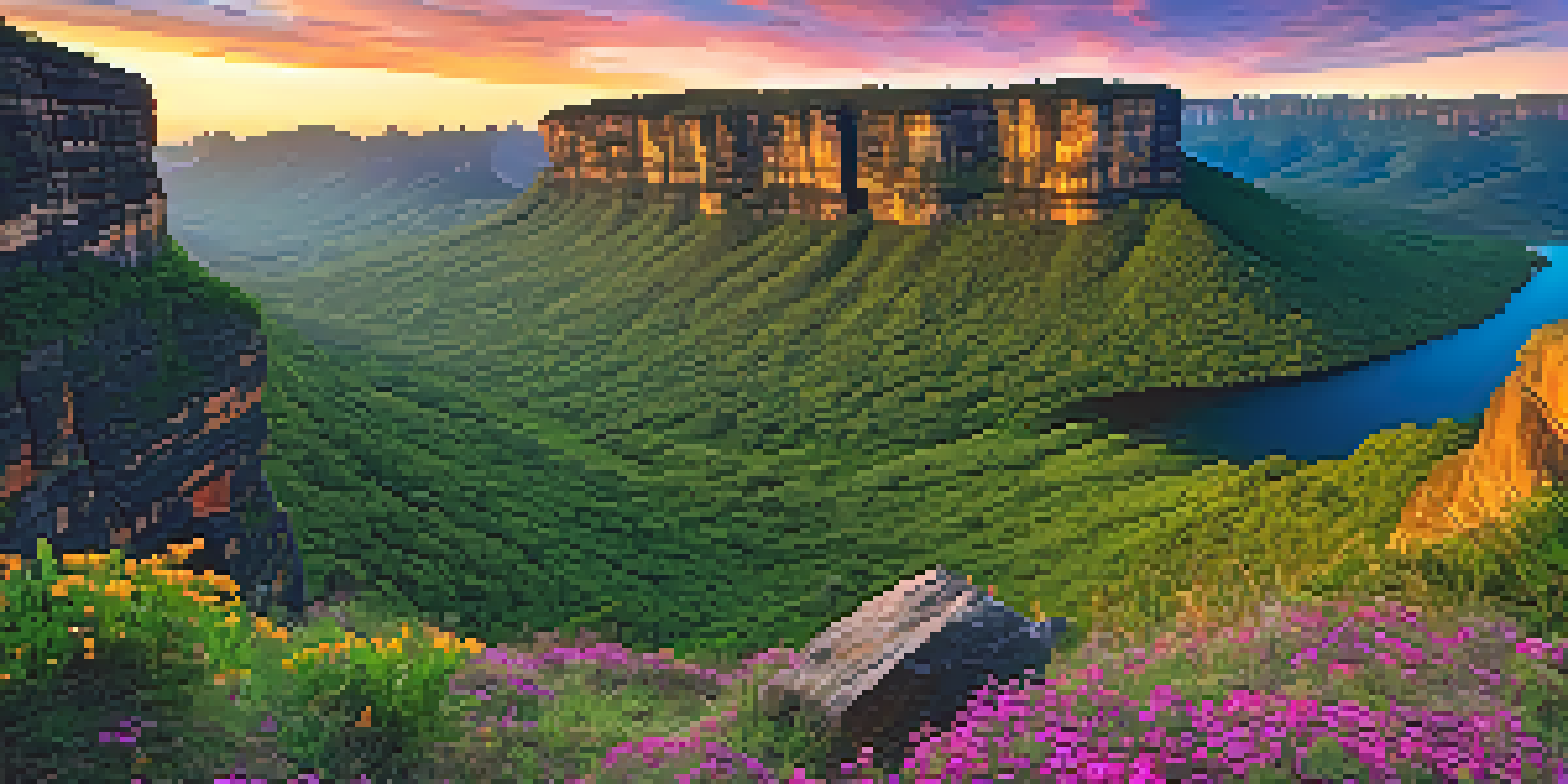 A stunning sunset view of Morro do Pai Inácio with towering cliffs and lush green valleys filled with wildflowers, under a sky painted in orange and pink hues.