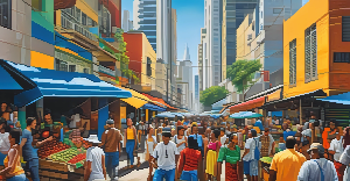 A busy street market in São Paulo with colorful stalls, modern buildings, street art, and people enjoying the atmosphere.