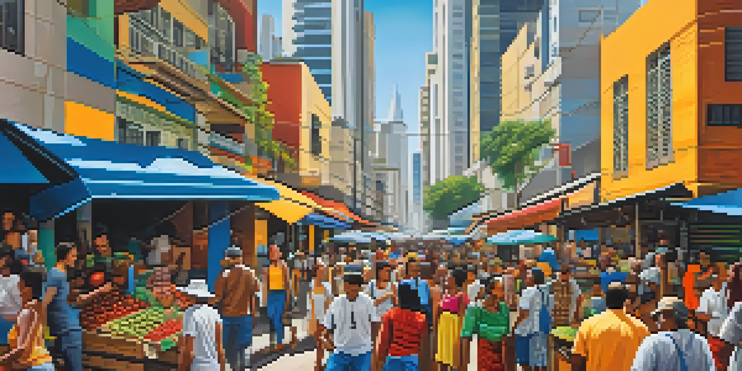 A busy street market in São Paulo with colorful stalls, modern buildings, street art, and people enjoying the atmosphere.