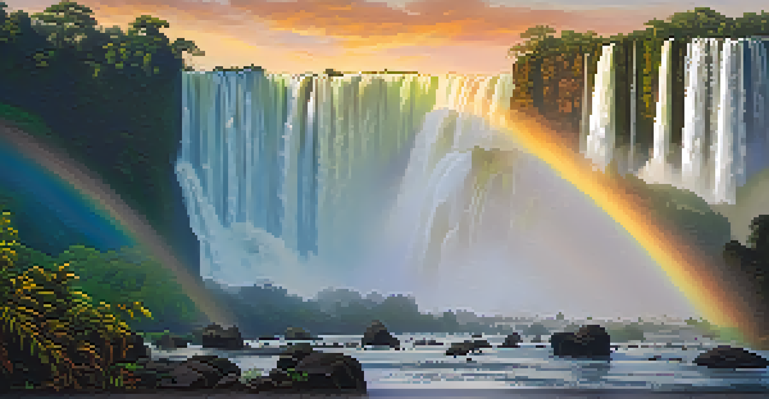 A stunning view of Iguazu Falls at sunrise, with cascading water and a rainbow in the mist.