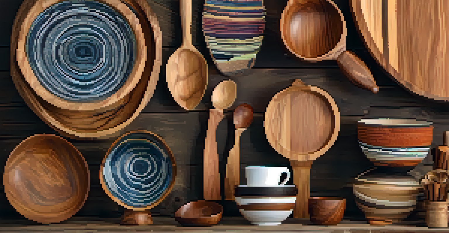 A collection of handcrafted Brazilian wooden utensils displayed on a rustic table, showcasing diverse textures and grains.