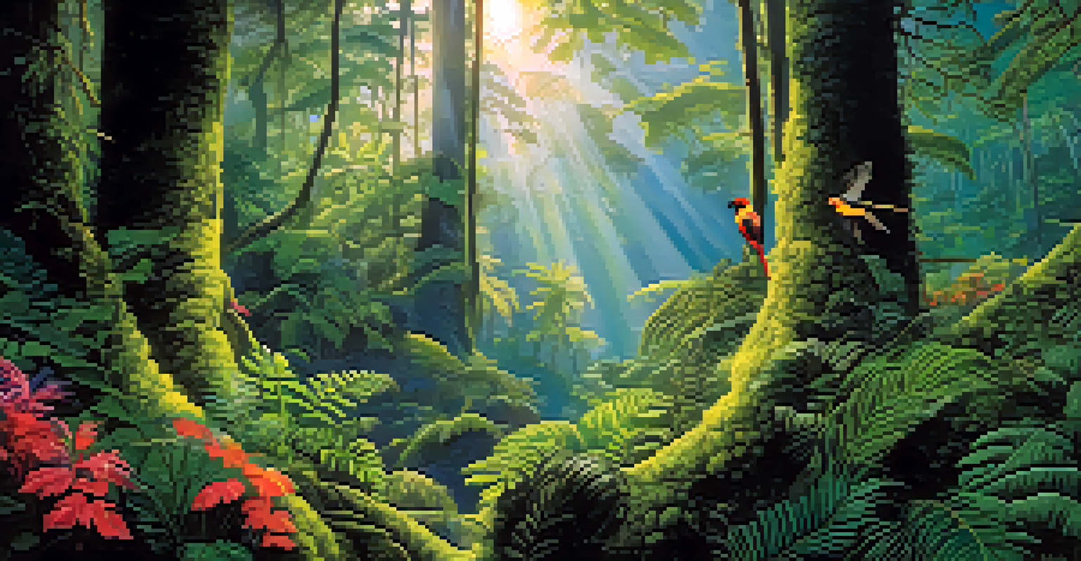 View of the Atlantic Forest with tall moss-covered trees and colorful flowers illuminated by sunlight.