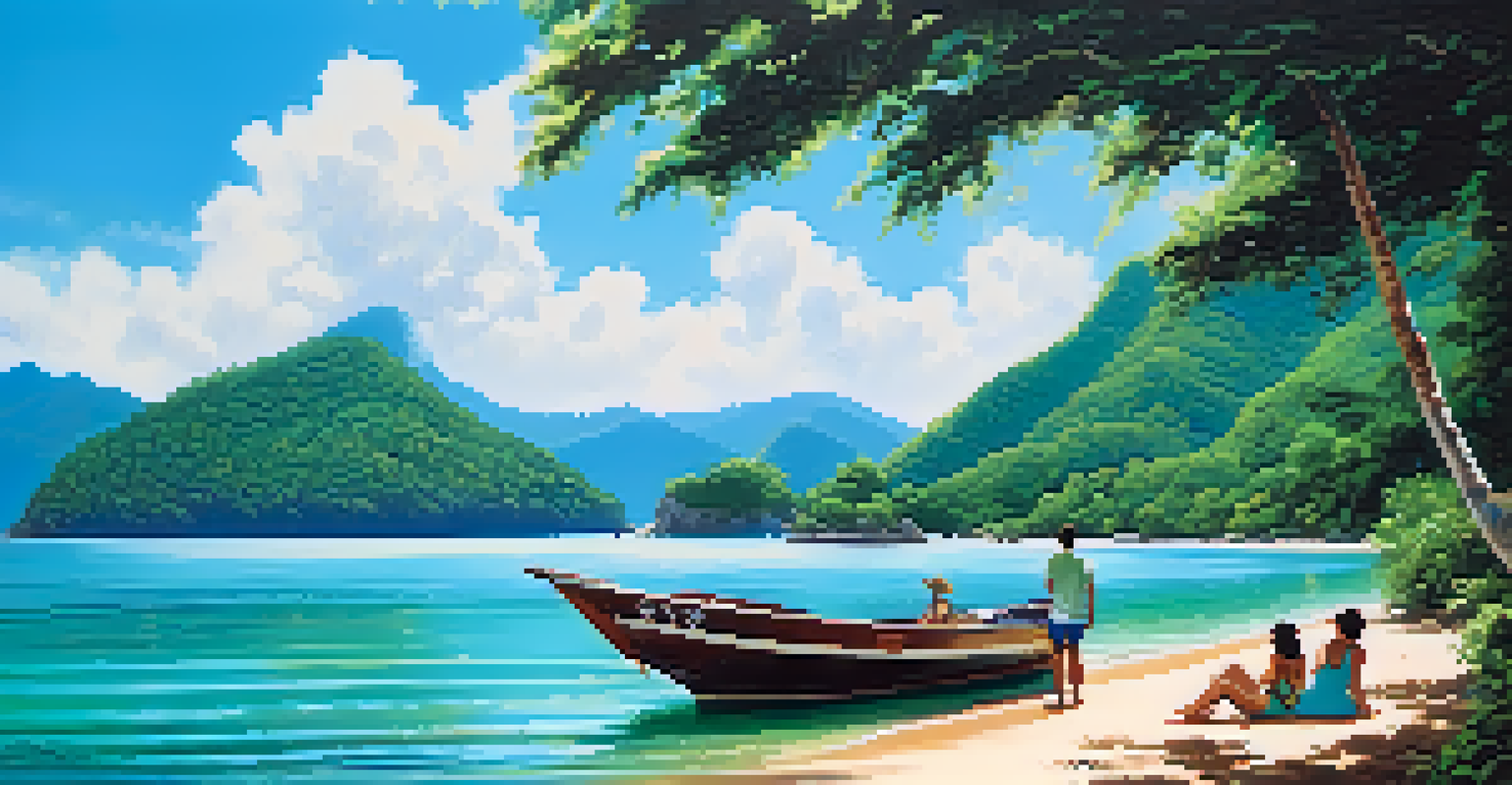 A boat tour in Paraty with tourists enjoying the sun in a turquoise sea surrounded by lush greenery.